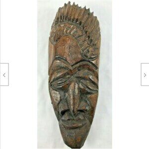 Hand Carved Dark Wood Face Wall Mounted Mask Tribal Folk Art Decor Bahamas